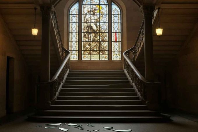 L'assessore sardo in una caduta clamorosa: frantumata la vetrata di Mario Sironi