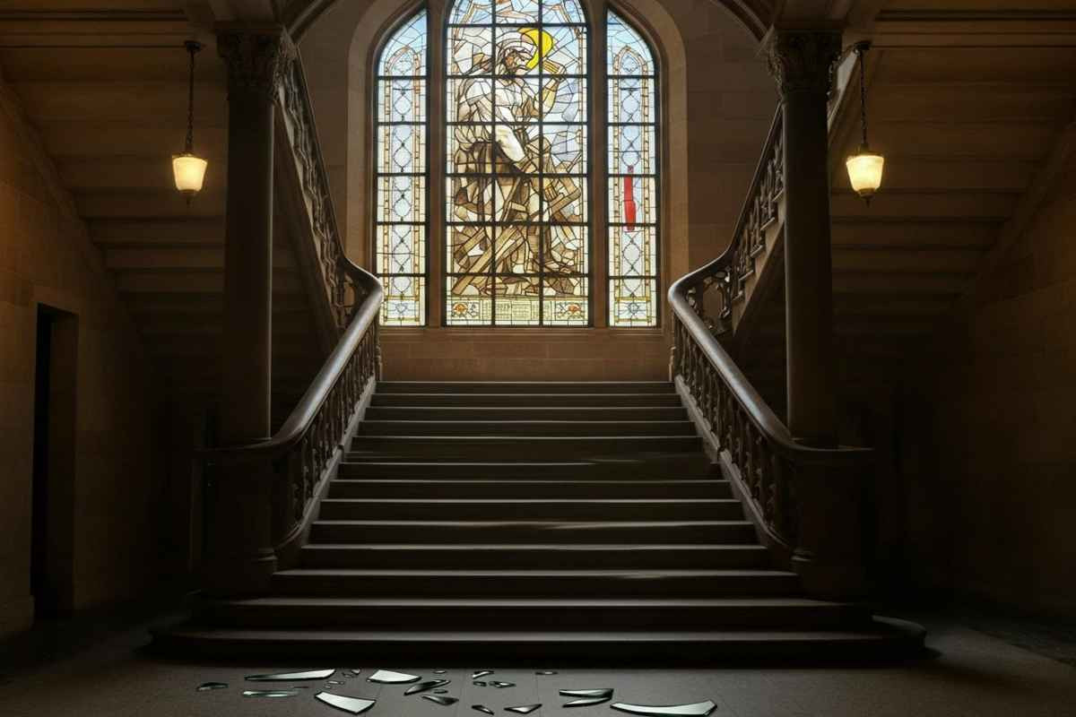 L'assessore sardo in una caduta clamorosa: frantumata la vetrata di Mario Sironi