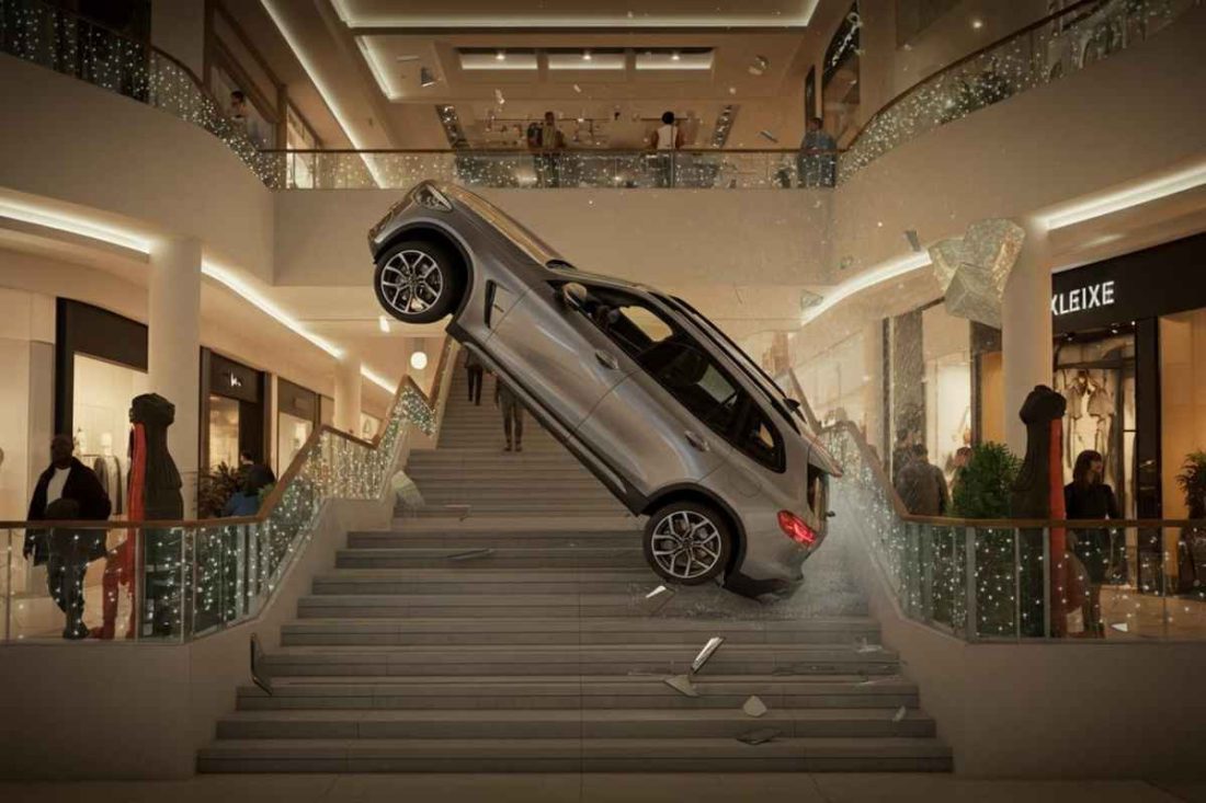 Auto in bilico nei gradini del centro commerciale: un incidente sorprendente in Bergamasca